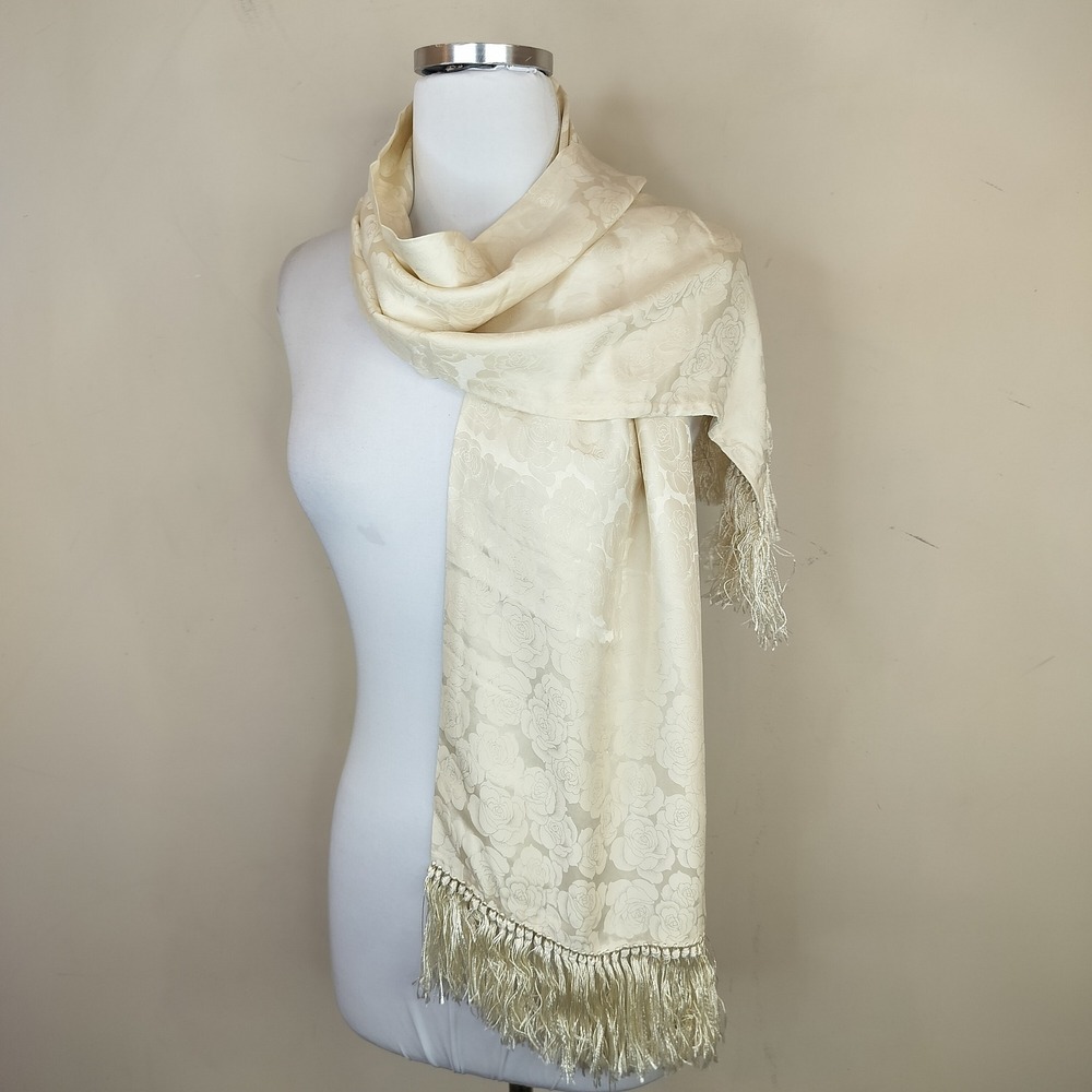 Basha Silk Floral Jacquard Scarf 60 x 10 Fringe Cream Women's